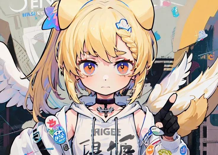 best quality:1.3),(masterpiece:1.3),(illustration:1.3),(ultra-detailed:1.3),(imid shot:0.9), 1girl, solo,wings,white_wings, angel_wings, mini_wings,jacket, hood, black_pantyhose, shorts, gloves, white_shoes,blonde hair, blond_eyes,dog_ear , ponytail, upper body,