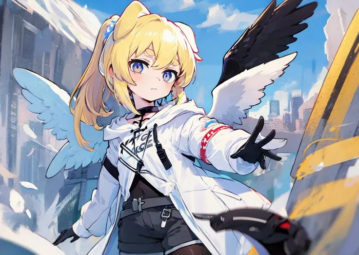 best quality:1.3),(masterpiece:1.3),(illustration:1.3),(ultra-detailed:1.3),(imid shot:0.9), 1girl, solo,wings,white_wings, angel_wings, mini_wings,jacket, hood, black_pantyhose, shorts, gloves, white_shoes,blonde hair, blond_eyes,dog_ear , ponytail, upper body, looking at viewer, sky