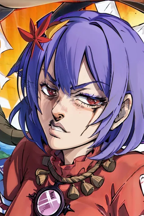 masterpiece, best quality, <lora:Irefuse:1>,Irefuse, <lora:touhou_yasaka-10:1>,yasaka kanako, purple hair,red eyes,leaf hair ornament, mirror,rope,close-up