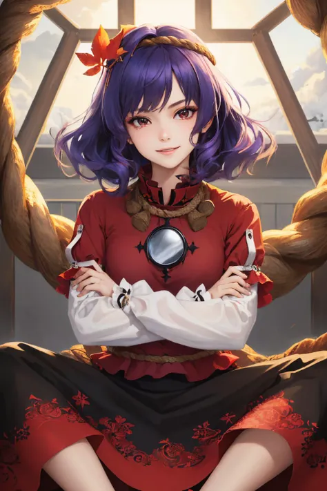 (masterpiece, best quality:1.2), <lyco:touhou_yasaka-10:1.0>, solo, 1girl, yasaka kanako, smile, looking at viewer, sitting, crossed arms, shimenawa, rope, leaf hair ornament, red shirt, puffy sleeves, black skirt
