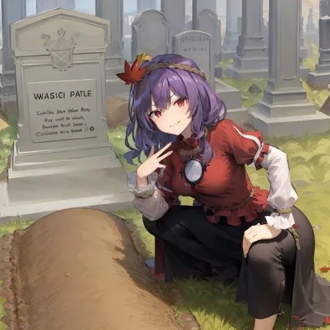 masterpiece, best quality, , <lora:touhou_yasaka-10:1>,1girl,yasaka kanako, purple hair,red eyes,leaf hair ornament, mirror,rope,,<lora:GrantGustinNextToOliverQueensGraveMeme:1>,QueensGraveMeme,v,smile