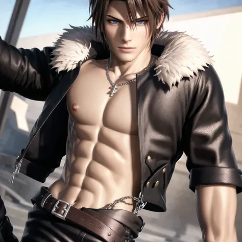 unparalleled masterpiece, ultra realistic 8k CG, perfect artwork, ((perfect male figure)), looking at viewer, seductive posture, sexy pose, alluring, clean, beautiful face, pure face, pale skin, intricate detail, (male:1.3), (hires eyes:1.2), (hdr:1.2), (hires eyes:1.2), short hair,, [(pecs:1.3):breasts:35], physically fit, solo, complex background, detailed background, bulge, 1boy, large pectorals, squall leonhart, fur collar, (scar across nose:1.2), black jacket