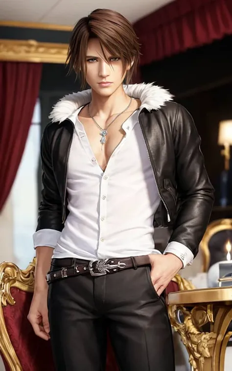 unparalleled masterpiece, ultra realistic 8k CG, perfect artwork, ((perfect male figure)), looking at viewer, seductive posture, sexy pose, alluring, clean, beautiful face, pure face, pale skin, intricate detail, (rich:1.4), prestige, gorgeous, luxury, royal palace, jewelry, gem, silver, diamond, glint, sapphire, ruby, emerald, pearl, amber, obsidian, <lora:Squall:0.6>, squall, (scar across nose:1.2), fur collar, black jacket, white shirt
