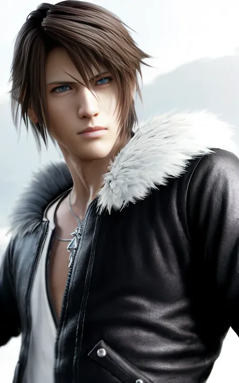 <lora:Squall:0.7>, squall, scar across nose, photorealistic photo of a beautiful final fantasy male, beautiful face, beautiful eyes, action pose, windy, perfect composition, trending on artstation, trending on deviantart, technology, handsome face, attractive face, detailed hands and face, detailed and intricate, accurate hands, dramatic lighting, ray tracing, symmetrical eyes, fur collar, black jacket, close up