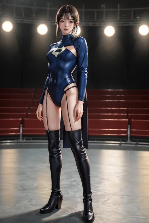 highres,absurdres,masterpiece,best quality,original,extremely detailed CG,extremely detailed wallpaper,perfect lighting,standing on the stage,looking at viewer,1girl,blurry background,bare hands,
<lora:Oufits:0.5>, high socks,tall,sexy,superhero suit,