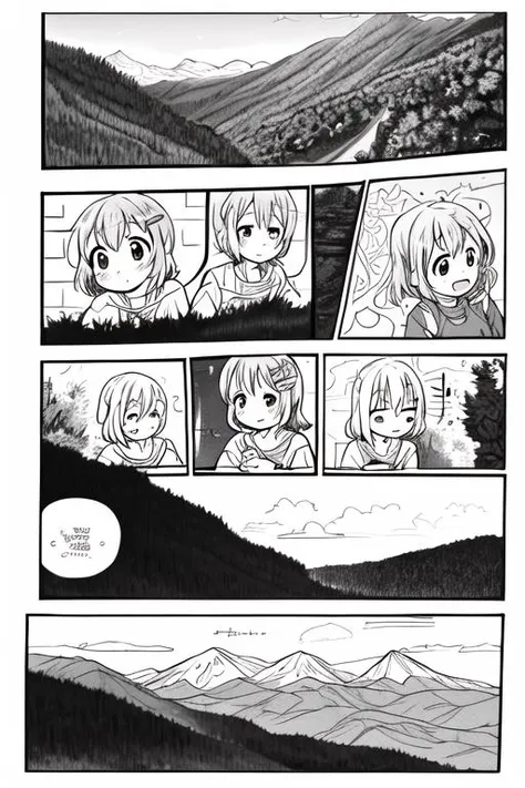 masterpiece, best quality,ultra detail, <lora:anmnr01:0.3> <lora:add_detail:0.5>,<lora:GoodHands-vanilla:0.8>.long,line art,3girls,comic,border,koma,Text bubble, <lora:LZ-comic strip:0.4> yukimuraaoi ,kurauehinata,mountain road