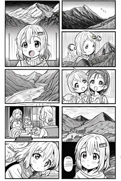 masterpiece, best quality,ultra detail, <lora:anmnr01:0.3> <lora:add_detail:0.5>,<lora:GoodHands-vanilla:0.8>.long,line art,3girls,comic,border,koma,Text bubble, <lora:LZ-comic strip:0.4> yukimuraaoi ,kurauehinata,mountain road