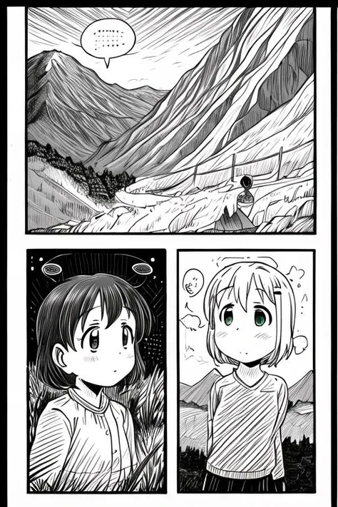 masterpiece, best quality,ultra detail, <lora:anmnr01:0.3>  <lora:add_detail:0.5>,<lora:GoodHands-vanilla:0.8>.long,line art,3girls,comic,border,koma,Text bubble, <lora:LZ-comic strip:0.4> yukimuraaoi ,kurauehinata,mountain road