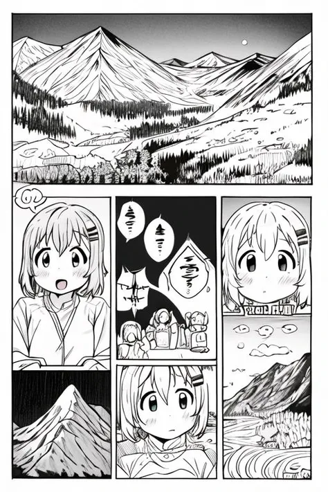 masterpiece, best quality,ultra detail, <lora:anmnr01:0.3> <lora:add_detail:0.5>,<lora:GoodHands-vanilla:0.8>.long,line art,3girls,comic,border,koma,Text bubble, <lora:LZ-comic strip:0.4> yukimuraaoi ,kurauehinata,mountain road