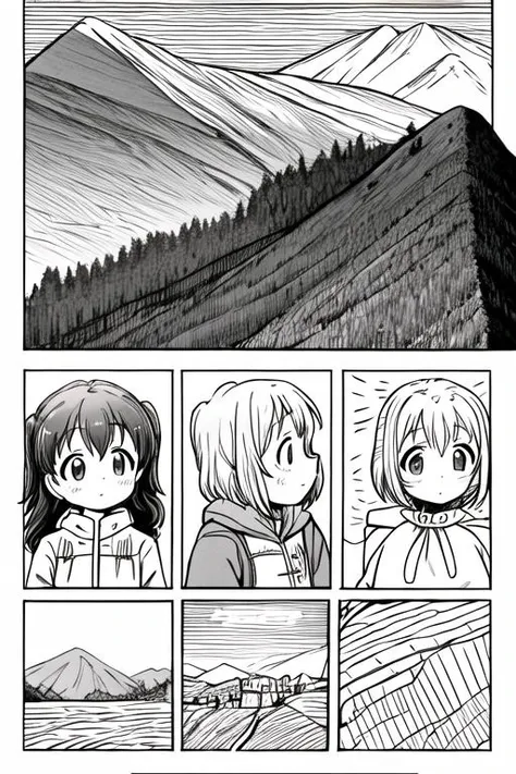 masterpiece, best quality,ultra detail, <lora:anmnr01:0.3> <lora:add_detail:0.5>,<lora:GoodHands-vanilla:0.8>.long,line art,3girls,comic,border,koma,Text bubble, <lora:LZ-comic strip:0.4> yukimuraaoi ,kurauehinata,mountain road