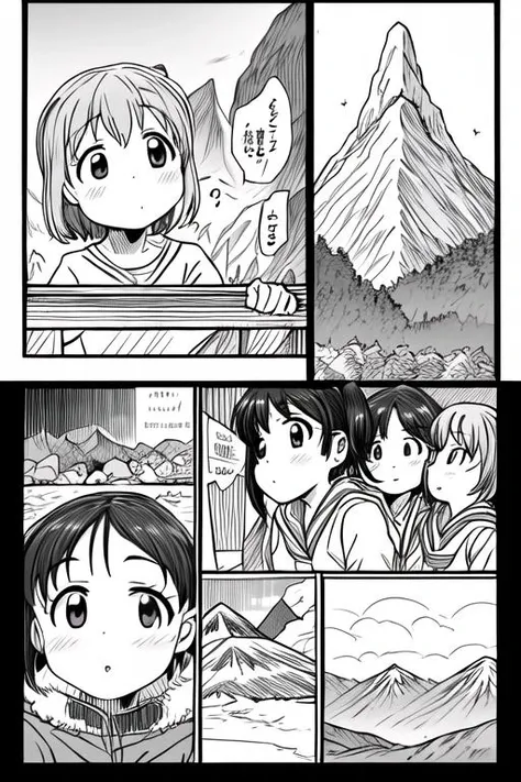 masterpiece, best quality,ultra detail, <lora:anmnr01:0.3> <lora:add_detail:0.5>,<lora:GoodHands-vanilla:0.8>.long,line art,3girls,comic,border,koma,Text bubble, <lora:LZ-comic strip:0.4> yukimuraaoi ,kurauehinata,mountain road
