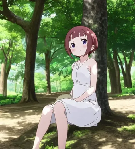 1people, SenjuinKoharu, anishot, double barefoot, in white dress sitting under tree close to viewer, embracing knees, beautiful eyes, anime coloring, solo, low contrast, low saturation, anime wallpaper, depth in field