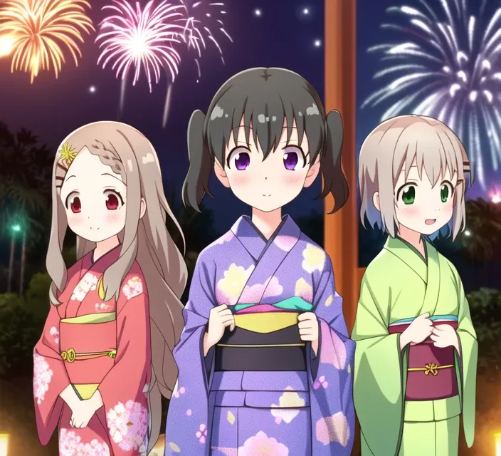 3people, YukimuraAoi (AobaKokona) (KuraueHinata), fanart, ((style of kantoku)), AobaKokona in the middle between YukimuraAoi and KuraueHinata in intricate kimono with flower pattern in summer festival with beautiful firework in night sky and crowd behind, with detailed face and beautiful eyes , waist, anime coloring, anime background, depth in field, extremely detailed CG unity 8k wallpaper, ultra-detailed
(green hair short hair YukimuraAoi), black hair short twintails KuraueHinata, brown hair long hair little AobaKokona