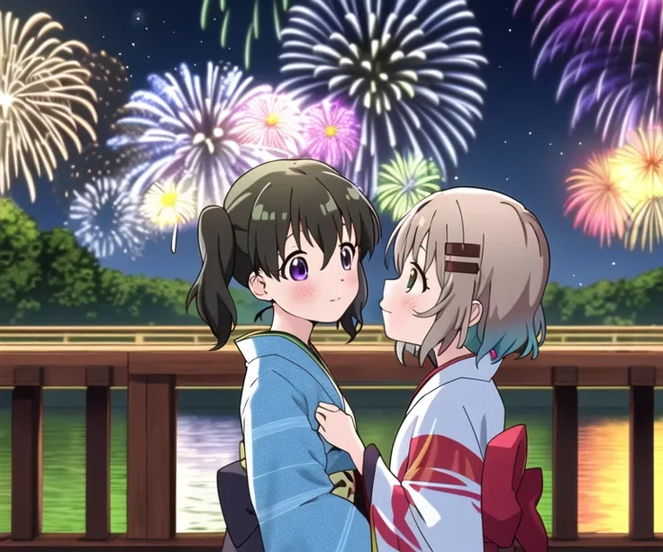 face open mouth from side, 2people, fanart, yuri, in intricate kimono with flower pattern on wood bridge in summer festival with (beautiful firework in night sky) and river behind, from above, with detailed face and beautiful eyes, anime coloring, anime background, depth in field, extremely detailed CG unity 8k wallpaper, ultra-detailed,, beautiful eyes