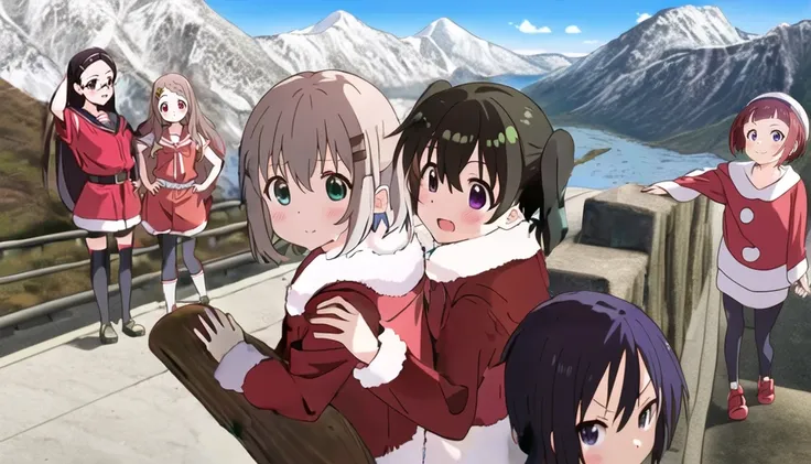((6people, YukimuraAoi (AobaKokona) (KuraueHinata) KurosakiHonoka (SaitoKaede) SenjuinKoharu)), anishot, (close to viewer), 6+girls in ((santa costume)) with beautiful eyes facing front on snow ((in front of anime mountains)), anime coloring low contrast 8K wallpaper, detailed face, perfect face,
santa costume brown hair red eyes AobaKokona, (santa costume green hair green eyes YukimuraAoi), santa costume black hair purple eyes short twintail KuraueHinata, santa costume black hair short hair KurosakiHonoka, santa costume black hair long hair SaitoKaede, red hair short hair Senjuin Koharu, in front of mountains close to viewer