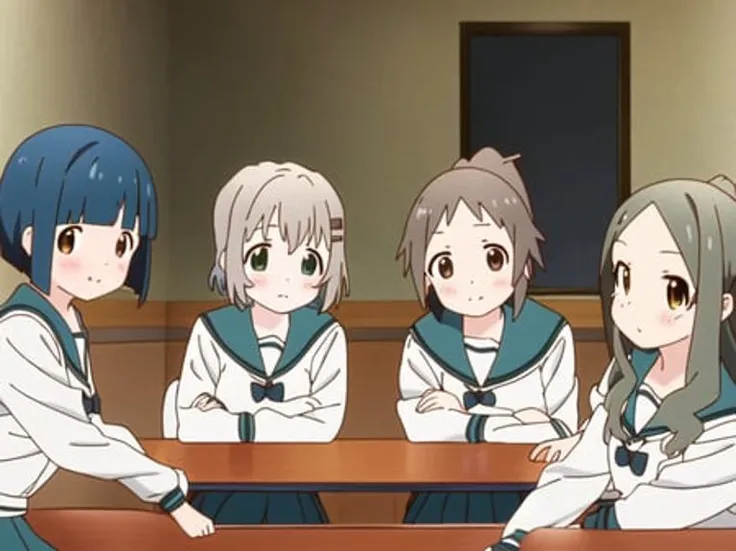 4girls, (MioYama YukimuraAoi) TakekanaKasumi (YuriYama), sitting together in karaoke, long brown hair TakekanaKasumi, brown hair ponytail MioYama, blue hair short hair YuriYama, green hair green eye YukimuraAoi, beautiful eyes