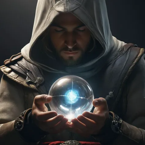 Hyperrealistic art of  <lora:Assassins Creed style:1>
Apples of Eden a man holding a glowing orb in his hands,1girl,solo,jewelry,closed eyes,belt,hood,necklace,glowing,leather,orb,crystal ball Assassinâs Creed style, Assassins Creed style, Open world, Action-adventure, Stealth, dramatic light, cinematic film look, ancient, historical, Extremely high-resolution details, photographic, realism pushed to extreme, fine texture, incredibly lifelike