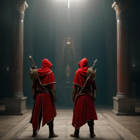 Hyperrealistic art of <lora:Assassins Creed style:1>
two men in red robes standing in a dark room,hat,weapon,male focus,multiple boys,sword,2boys,cape,armor,helmet,red cape,torch Assassinâs Creed style, Assassins Creed style, Open world, Action-adventure, Stealth, dramatic light, cinematic film look, ancient, historical, Extremely high-resolution details, photographic, realism pushed to extreme, fine texture, incredibly lifelike
