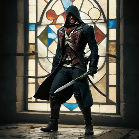 Hyperrealistic art of <lora:Assassins Creed style:1>
a man in a dark suit walking on a rope,solo,1boy,weapon,male focus,boots,sword,indoors,coat,window,candle,stained glass,church Assassinâs Creed style, Assassins Creed style, Open world, Action-adventure, Stealth, dramatic light, cinematic film look, ancient, historical, Extremely high-resolution details, photographic, realism pushed to extreme, fine texture, incredibly lifelike