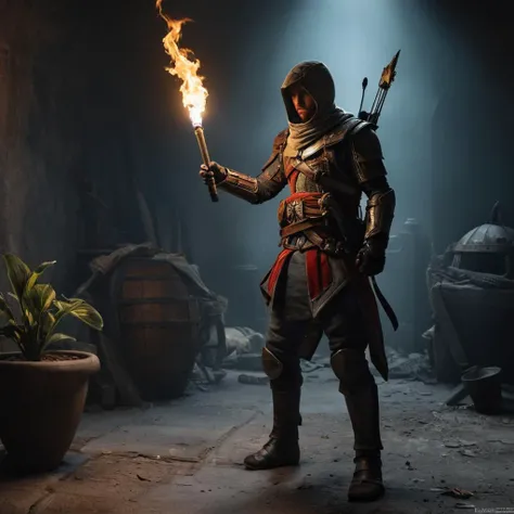 Hyperrealistic art of <lora:Assassins Creed style:1>
a man in a dark room with a fire,solo,gloves,1boy,holding,standing,boots,indoors,armor,helmet,fire,plant,shoulder armor,scenery,1other,magic,bald,skeleton,torch,helm Assassinâs Creed style, Assassins Creed style, Open world, Action-adventure, Stealth, dramatic light, cinematic film look, ancient, historical, Extremely high-resolution details, photographic, realism pushed to extreme, fine texture, incredibly lifelike