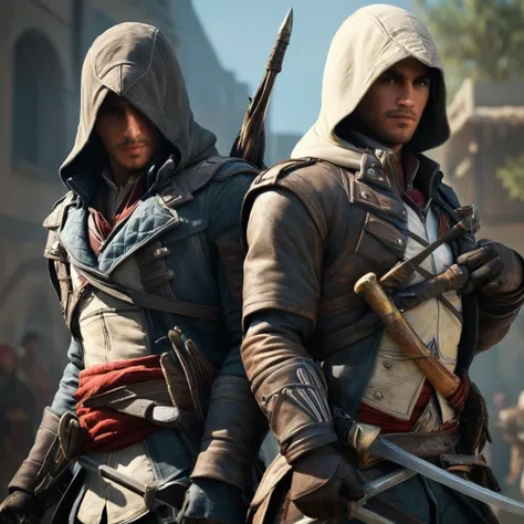 Hyperrealistic art of <lora:Assassins Creed style:1>
two people dressed in costumes standing next to each other,gloves,weapon,male focus,multiple boys,sword,hood,2boys,tattoo,knife,back-to-back,dagger,manly Assassinâs Creed style, Assassins Creed style, Open world, Action-adventure, Stealth, dramatic light, cinematic film look, ancient, historical, Extremely high-resolution details, photographic, realism pushed to extreme, fine texture, incredibly lifelike