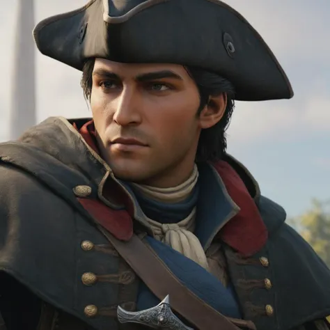 Hyperrealistic art of  <lora:Assassins Creed style:1>
Haytham Kenway a painting of a man in a hat and cloak,solo,looking at viewer,black hair,1boy,hat,upper body,male focus,cape,ascot,realistic,bicorne,tricorne Assassinâs Creed style, Assassins Creed style, Open world, Action-adventure, Stealth, dramatic light, cinematic film look, ancient, historical, Extremely high-resolution details, photographic, realism pushed to extreme, fine texture, incredibly lifelike
