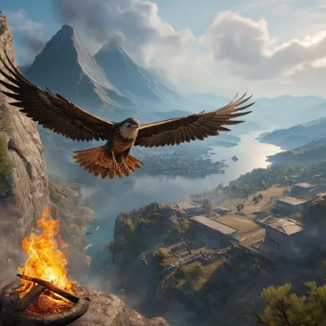 Hyperrealistic art of <lora:Assassins Creed style:1>
a bird flying over a mountain with a fire,outdoors,sky,water,no humans,glowing,bird,scenery,mountain Assassinâs Creed style, Assassins Creed style, Open world, Action-adventure, Stealth, dramatic light, cinematic film look, ancient, historical, Extremely high-resolution details, photographic, realism pushed to extreme, fine texture, incredibly lifelike