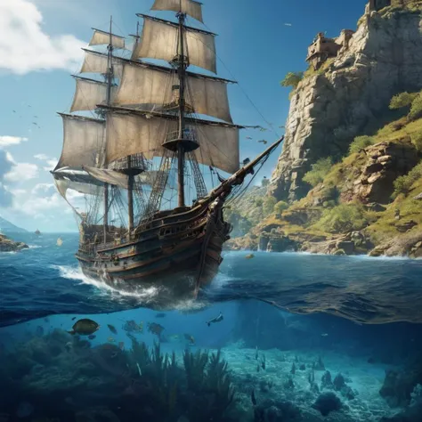 Hyperrealistic art of <lora:Assassins Creed style:1>
a ship in a deep blue sea with a lot of fish,outdoors,water,no humans,scenery,fish,underwater,watercraft,ruins,ship Assassinâs Creed style, Assassins Creed style, Open world, Action-adventure, Stealth, dramatic light, cinematic film look, ancient, historical, Extremely high-resolution details, photographic, realism pushed to extreme, fine texture, incredibly lifelike