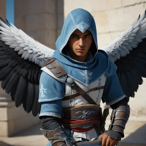 Hyperrealistic art of <lora:Assassins Creed style:1>
a man dressed in a blue and white outfit with wings,solo,1boy,weapon,male focus,wings,sword,hood,cape,armor,black wings,magic circle Assassinâs Creed style, Assassins Creed style, Open world, Action-adventure, Stealth, dramatic light, cinematic film look, ancient, historical, Extremely high-resolution details, photographic, realism pushed to extreme, fine texture, incredibly lifelike