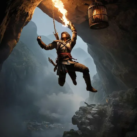 Hyperrealistic art of  <lora:Assassins Creed style:1>
a man is hanging from a cage in a cave,1girl,solo,weapon,sword,armor,chain,fire,scenery Assassinâs Creed style, Assassins Creed style, Open world, Action-adventure, Stealth, dramatic light, cinematic film look, ancient, historical, Extremely high-resolution details, photographic, realism pushed to extreme, fine texture, incredibly lifelike