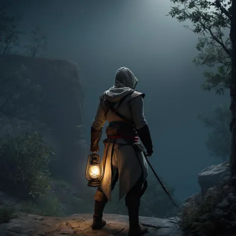 Hyperrealistic art of  <lora:Assassins Creed style:1>
a man standing in a dark room with a lantern,solo,1boy,holding,weapon,male focus,sword,hood,from behind,scenery,hood up,lantern,dark,weapon on back Assassinâs Creed style, Assassins Creed style, Open world, Action-adventure, Stealth, dramatic light, cinematic film look, ancient, historical, Extremely high-resolution details, photographic, realism pushed to extreme, fine texture, incredibly lifelike
