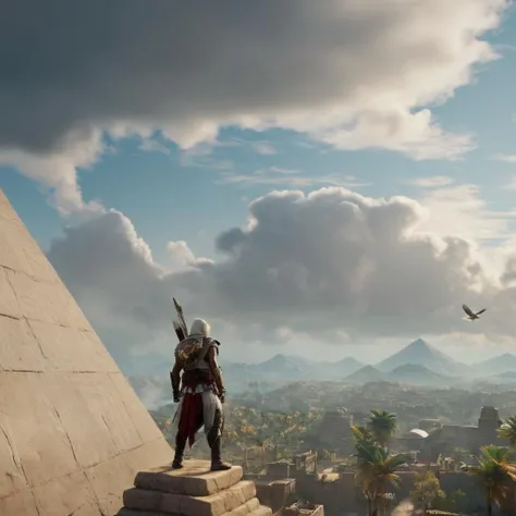 Hyperrealistic art of <lora:Assassins Creed style:1>
a man standing on top of a pyramid,1boy,weapon,male focus,outdoors,sky,sword,cloud,bird,cloudy sky,scenery,mountain Assassinâs Creed style, Assassins Creed style, Open world, Action-adventure, Stealth, dramatic light, cinematic film look, ancient, historical, Extremely high-resolution details, photographic, realism pushed to extreme, fine texture, incredibly lifelike