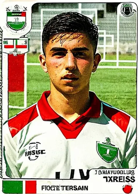 pa_fb_st , 1boy, male focus, solo, sportswear, soccer uniform, Palestinian flag, english text,logo, <lora:Panini_Football_Stickers:1>