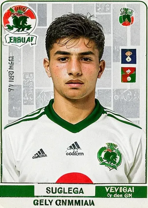 pa_fb_st , 1boy, male focus, solo, sportswear, Irish, soccer uniform, Egyptian flag, english text,logo, <lora:Panini_Football_Stickers:1>
