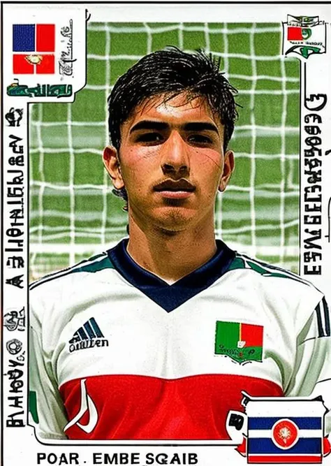 pa_fb_st , 1boy, male focus, solo, sportswear, soccer uniform, Emirati flag, english text,logo, <lora:Panini_Football_Stickers:1>