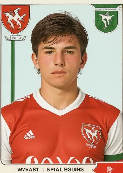 pa_fb_st , 1boy, male focus, solo, sportswear, Welsh, soccer uniform, Tuvaluan flag, english text,logo, <lora:Panini_Football_Stickers:1>