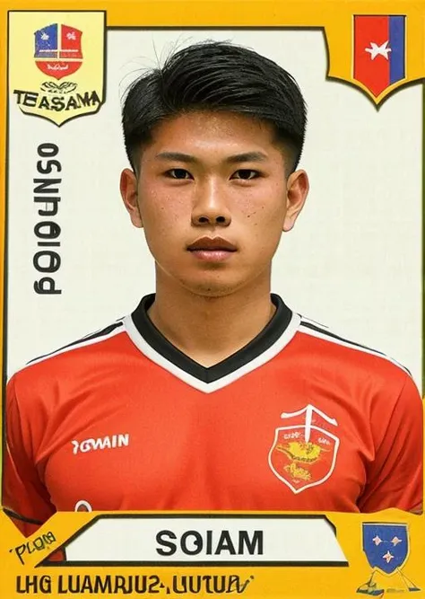 pa_fb_st , 1boy, male focus, solo, sportswear, Vietnamese, soccer uniform, Thai flag, english text,logo, <lora:Panini_Football_Stickers:1>