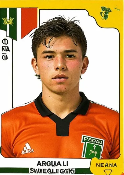 pa_fb_st , 1boy, male focus, solo, sportswear, soccer uniform, Papua New Guinean flag, english text,logo, <lora:Panini_Football_Stickers:1>