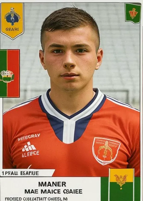 pa_fb_st , 1boy, male focus, solo, sportswear, Faroese, soccer uniform, Macanese flag, english text,logo, <lora:Panini_Football_Stickers:1>