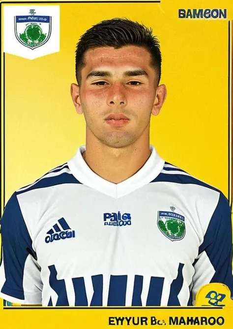 pa_fb_st , 1boy, male focus, solo, sportswear, Cypriot, soccer uniform, Bahamian flag, english text,logo, <lora:Panini_Football_Stickers:1>