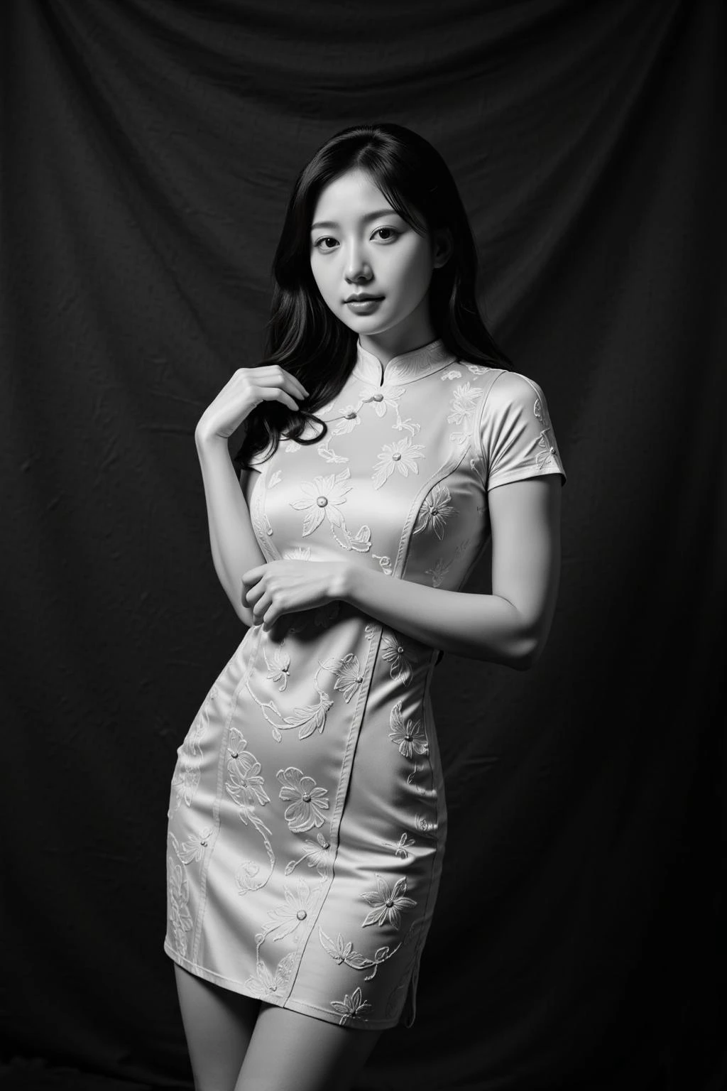 best quality, highly detailed,
erotic art, high contrast, monochrome, shadows,
This photograph captures a young woman in a stunning, traditional china dress, cheongsam, which is a form-fitting dress with intricate embroidery. the cheongsam is sexy and revealing, profiling her perfect hourglass figure in a studio setting.
