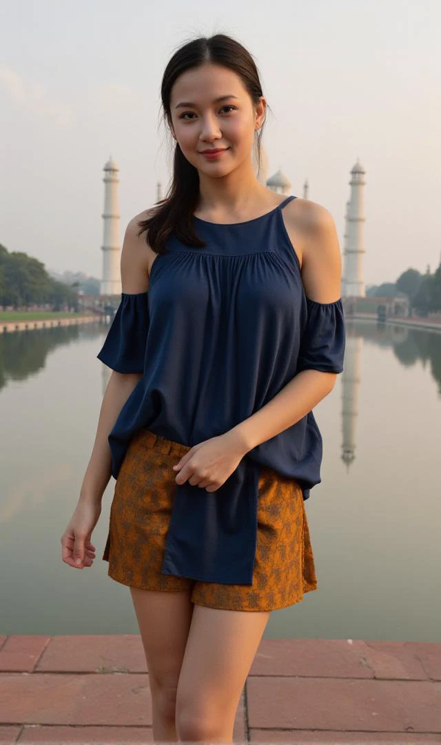 RAW photo,
A sexy east asian, 30 year old sensuous woman.,
She has ponytail hair. She has a light smile and raised eyebrows. ,
She is wearing indigo,topaz flowy upper body clothing, round neck, alien microorganism fiber, bioart materials (biological organisms), cutout sleeves, tea length, empire waist, convertible dress, button closure,,lace-up back,,utility loops. She is wearing burnt sienna relaxed lower body clothing, brocade, regular fit, high waist, back pockets,,pockets,,lace-up back.,
brilliant,gripping,exciting,hollow. medium shot. Lighting - firelight, the flickering glow of a fireplace, bringing intimacy and warmth to the setting. Set in the Taj Mahal, India, The white marble mausoleum reflecting in the Yamuna River. She has her crossed legs, standing with legs crossed, showcasing elegance and seduction.,