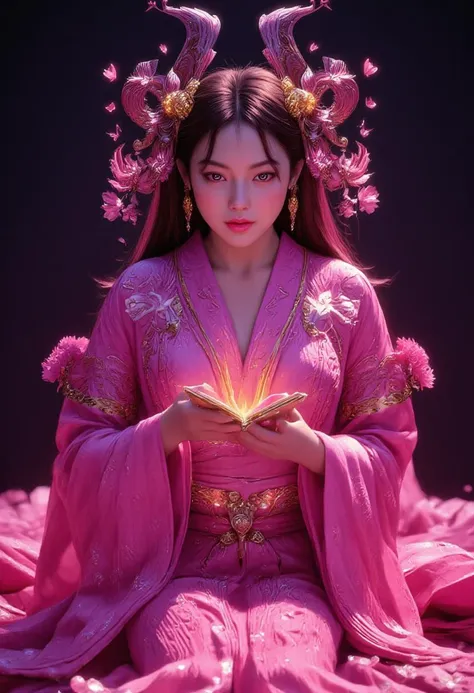 Realistic photo, cinematic light, film grain, 4K, highest quality, neon lights, soft and true gradient dark background, glowing golden butterfly, amazing and beautiful real Japanese woman wearing intricately detailed luxury pink kimono holding butterfly made of gole metal, fantasy art With long dark pink hair, a head flower, and a head flower, she sits on the ground covered in bioluminescent flowers with a highly detailed face and beautiful eyes.