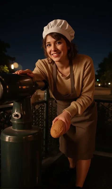 RAW photo,
A sexy european, 28 year old vivacious woman.,
She has curly down hair. She has a light smile and raised eyebrows. ,
baker wearing a baker hat, tan sweater, apron, skirt, professional shoes, holding a bread loaf,
vastness,safe,thought-provoking,collaborative. eye level shot. Lighting - backlighting, creates a halo effect around characters, giving them a radiant and romantic aura. night sky, telescope. She is leaning forward with curiosity.,