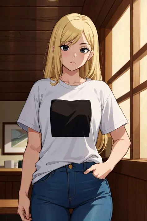 (masterpiece:1.2, best quality:1.2, beautiful:1.1, high quality, 4k:1.1, aesthetic), detailed, extremely detailed, ambient soft lighting, flawless, hires, 1girl, solo, t-shirt, jeans, blonde hair, long hair, black eyes, park, <lora:afrobull:0.85>