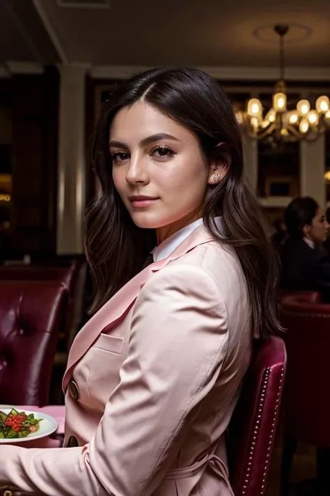 masterpiece, best quality, detailed face <lora:Monica1873Barbaro:1> a woman, 1girl, solo, m1873b, wearing Lip Pink business suit in restaurant