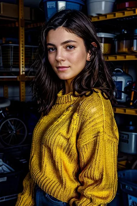 masterpiece, best quality, detailed face <lora:Monica1873Barbaro:1> a woman, 1girl, solo, m1873b, wearing light goldenrod jumper in garage