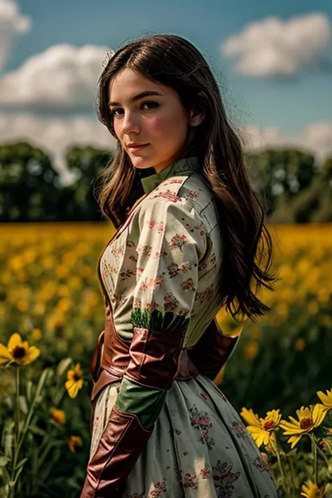 superhero costume , field of flowers , day <lora:Monica1873Barbaro:1> masterpiece, best quality, detailed face, 1girl, solo, a woman, m1873b,