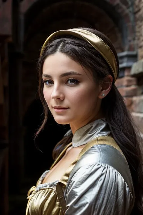 Best quality:1.1),(Realistic:1.1),(highly details:1.1), 1 girl, beautiful face, solo, wearing medieval garb, exposing