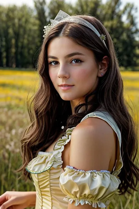 princess costume ,  meadow , day  <lora:Monica1873Barbaro:1> masterpiece, best quality, detailed face, 1girl, solo, a woman, m1873b,